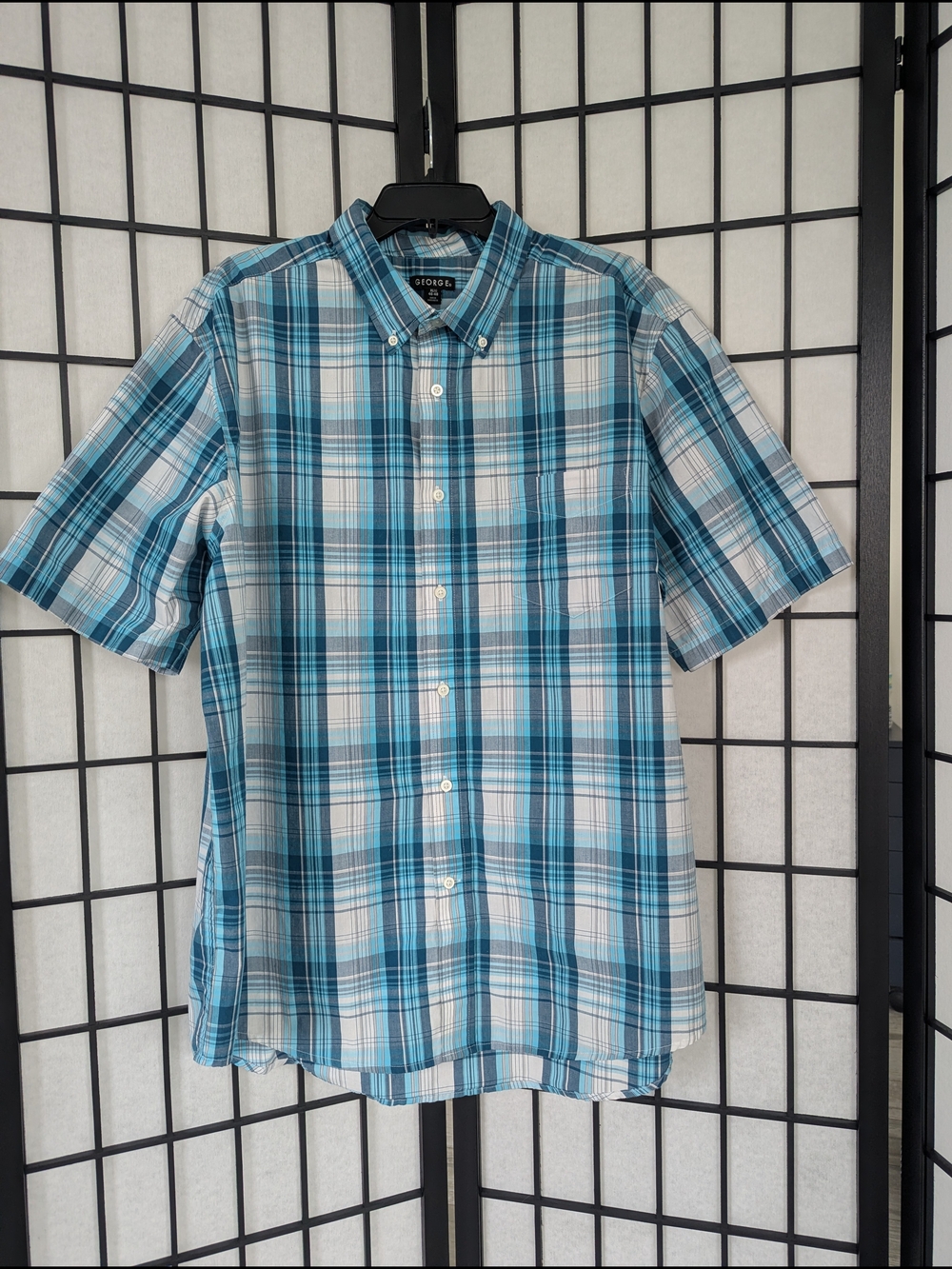 George Men's Blue and White Plaid Short-Sleeve Button-Down Shirt XL